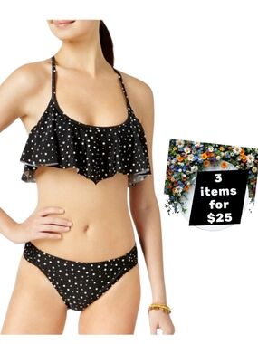 California Waves Black Space Dot Printed Flounce Bikini Swimsuit Set Size M